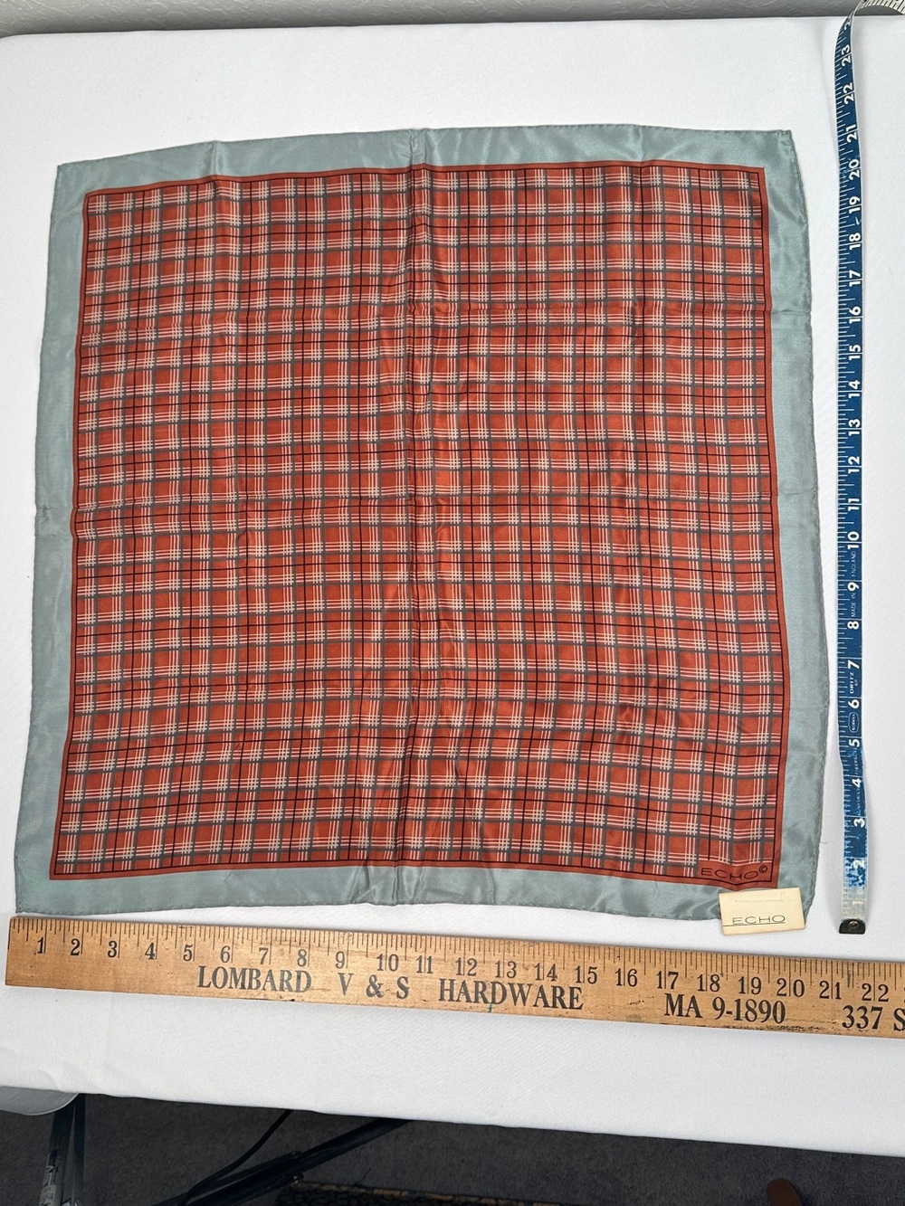 Echo Vintage NWT Plaid 100% Silk Scarf Japan Rust/Sage